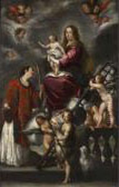 Madonna Col Bambino, San Giovannino, San Lorenzo E Angeli Oil Painting by Bernardo Strozzi