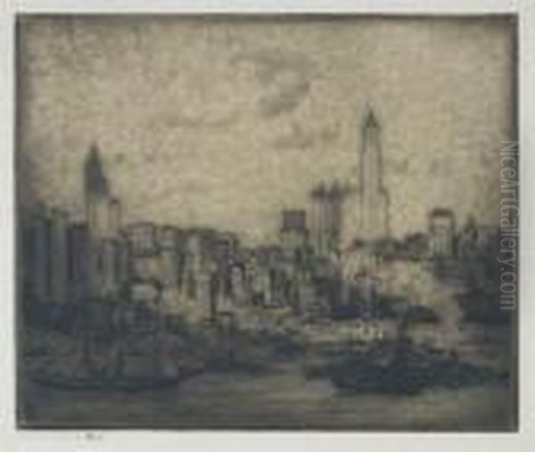 New York Skyscrapers (view Of New York From Brooklyn) Oil Painting by Hermann Struck