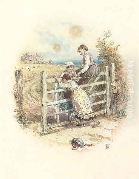 Three children playing on a gate Oil Painting by Myles Birket Foster