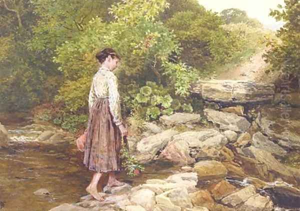 A girl crossing a stream Oil Painting by Myles Birket Foster