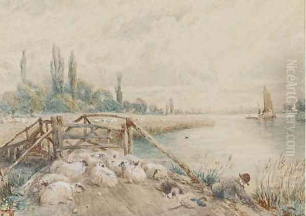 A young shepherd with his flock on a riverbank Oil Painting by Myles Birket Foster