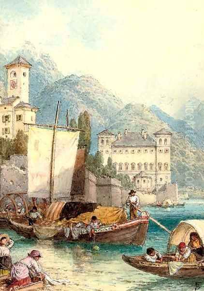 Children picking up a mooring on Lake Como Oil Painting by Myles Birket Foster