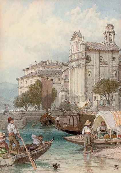 A lazy afternoon on the banks of Lake Como Oil Painting by Myles Birket Foster