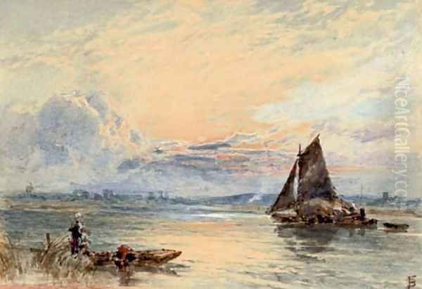 A loaded hay barge on the river at dusk Oil Painting by Myles Birket Foster