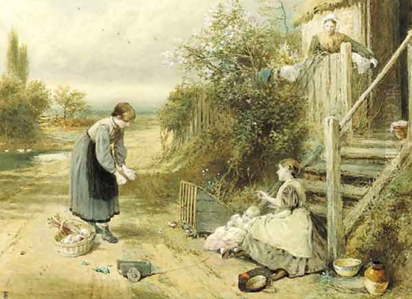 Children playing in a lane Oil Painting by Myles Birket Foster