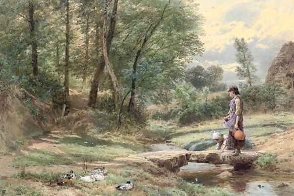 Crossing the stream Oil Painting by Myles Birket Foster