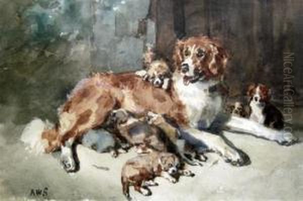 Hound And Puppies Oil Painting by William Strutt