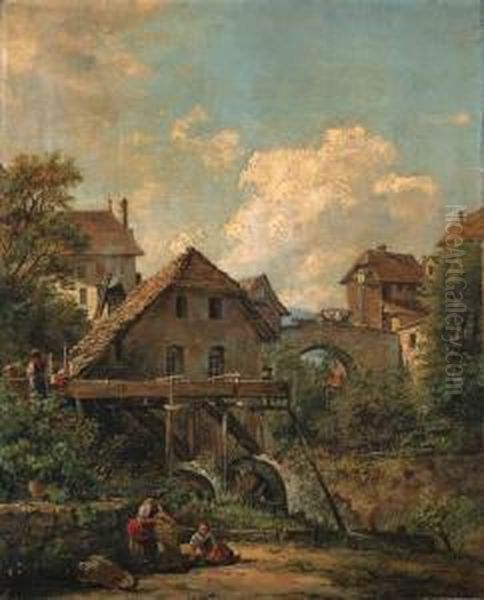 Continental Views: Women By A 
Watermill; And A Drover And Yokedcattle Before A Lakeside Castle Oil Painting by Jacob George Strutt