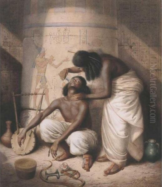 Nubian Barber Plies His Simple 
Trade When Egypt's Haughty Kings Insplendour 
Reigned'. A Shaving Scene In Nubia Oil Painting by William Strutt