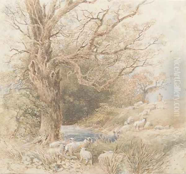 A shepherd with his flock beside a woodland pond Oil Painting by Myles Birket Foster