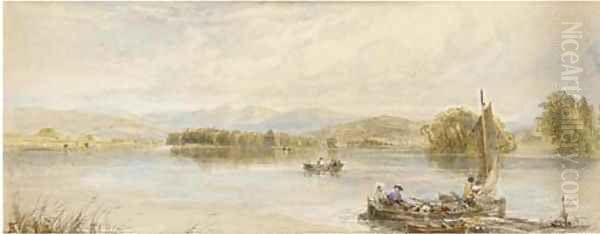 Boating on a lake Oil Painting by Myles Birket Foster