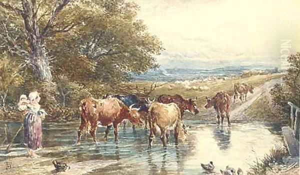 Cattle fording a stream Oil Painting by Myles Birket Foster