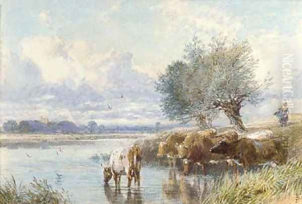 Cattle watering at the riverbank Oil Painting by Myles Birket Foster