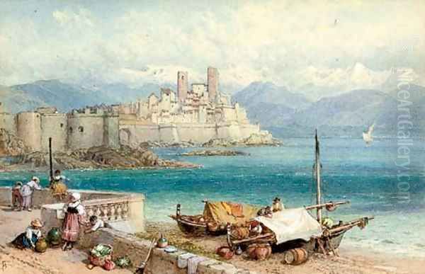 Children on the waterfront at Porto Maurizio Oil Painting by Myles Birket Foster