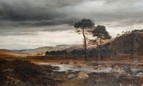 Deer In A Stormy River Landscape Oil Painting by Charles Stuart