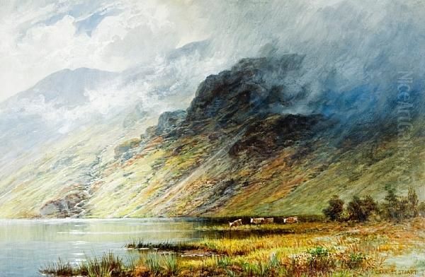 Cattle By The Shores Of A Loch Oil Painting by Charles Stuart