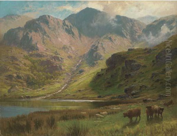 Highland Landscape, With Cattle And Sheep Before A Loch Oil Painting by Charles Stuart