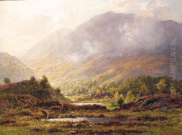 Deer Watering In A Highland Landscape Oil Painting by Charles Stuart