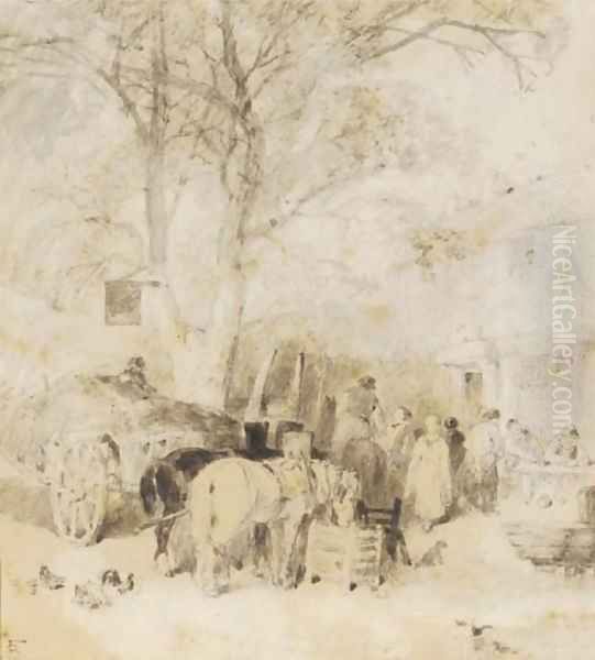 Outside the village inn Oil Painting by Myles Birket Foster