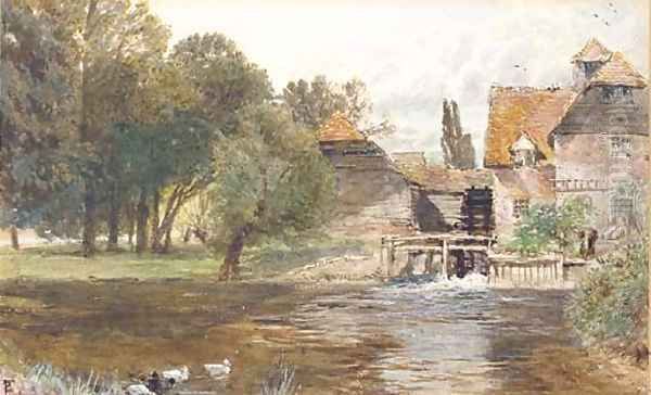 Study of a figure beside a watermill, with ducks in the foreground Oil Painting by Myles Birket Foster