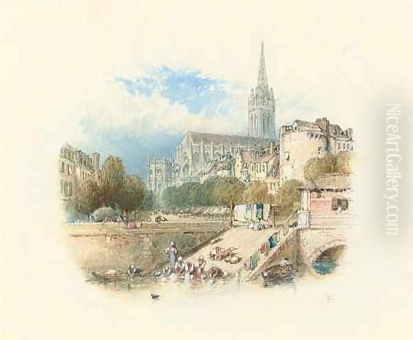 The church of St Pierre, Caen, seen from the river Oil Painting by Myles Birket Foster