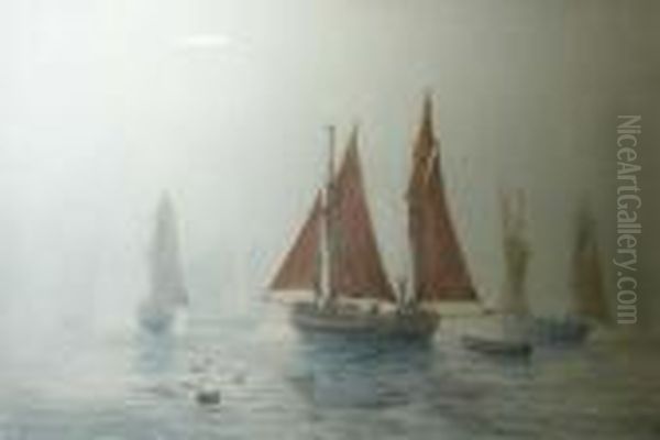 Trawlers In A Calm Oil Painting by Ernest Stuart