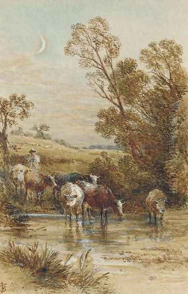 A drover and cattle crossing a ford under a crescent moon Oil Painting by Myles Birket Foster