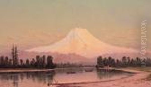 Sunset-mt. Tacoma From The Puyallup River, W.t. 1885 Oil Painting by James Everett Stuart