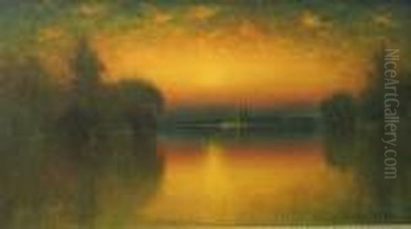 Sunset, Looking West On The Sacramento River, Grand Island To The Left, 1919 Oil Painting by James Everett Stuart