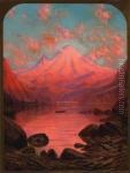 Title: Sunset Glow, Mt. Tacoma From Lake Cle Elum, Wa Oil Painting by James Everett Stuart