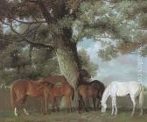 Mares And Foals Beneath A Large Oak Tree Oil Painting by George Stubbs