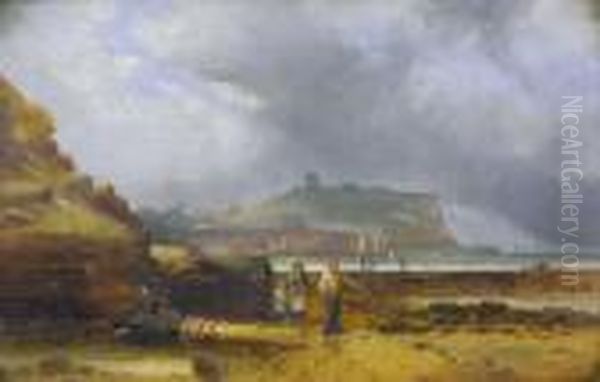 A View Of Whitby, With Fishermen On A Beach And The Abbey In The Background Oil Painting by Ralph R. Stubbs