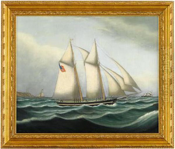 A Schooner Flying American Flag With Lighthouse Beyond Oil Painting by William Pierce Stubbs