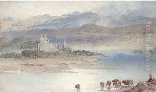 Cattle watering on a Scottish loch Oil Painting by Myles Birket Foster