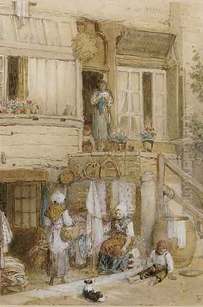 Figures outside a house, France Oil Painting by Myles Birket Foster