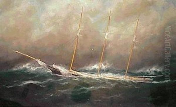 The Three-masted Schooner 'zacheus Sherman' In Rough Seas Oil Painting by William Pierce Stubbs