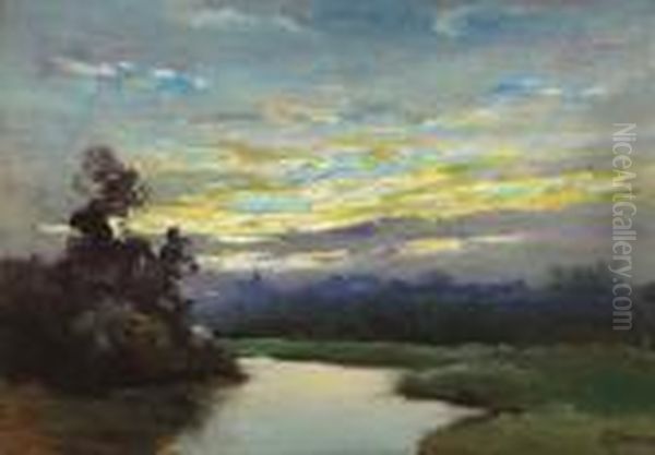 Sunset's Glow; Homes Near A River (double-sided) Oil Painting by Dedrick Brandes Stuber