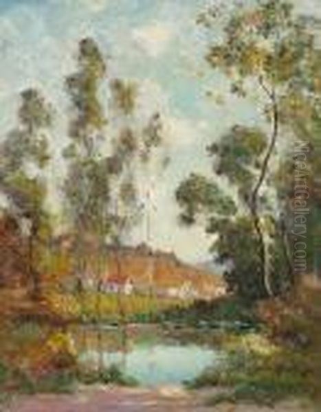 Cottages By A Pond Oil Painting by Dedrick Brandes Stuber