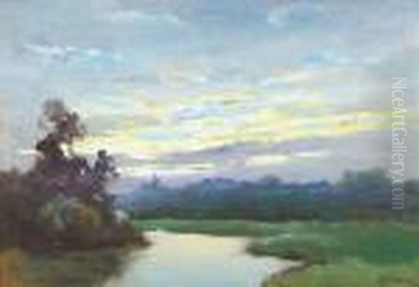 Sunset; A Town On The River (double-sided) Oil Painting by Dedrick Brandes Stuber