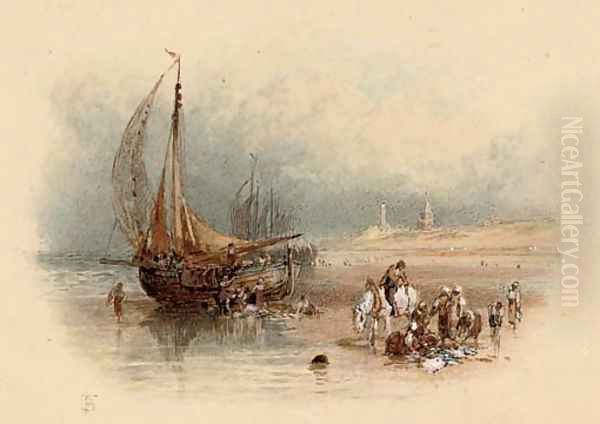 Unloading the catch on the beach at Scheveningen Oil Painting by Myles Birket Foster