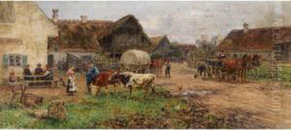 Dachauer Bauerngehoft Mit Zahlreicherfigurenstaffage Oil Painting by Karl Stuhlmuller