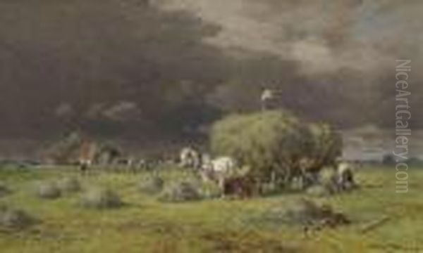 Heuernte Bei Aufziehendem Gewitter Oil Painting by Karl Stuhlmuller