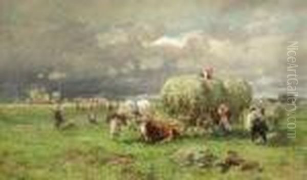 Hay Harvestbefore A Thunderstorm Oil Painting by Karl Stuhlmuller