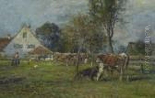 Kuhe Auf Der Weide Vor Dem
 Dorf. Oil Painting by Karl Stuhlmuller