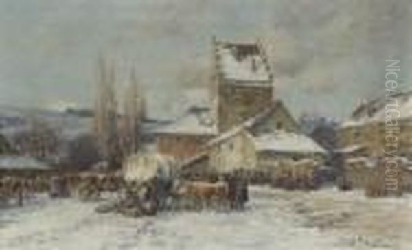 Winterlicher Bauernmarkt. Oil Painting by Karl Stuhlmuller