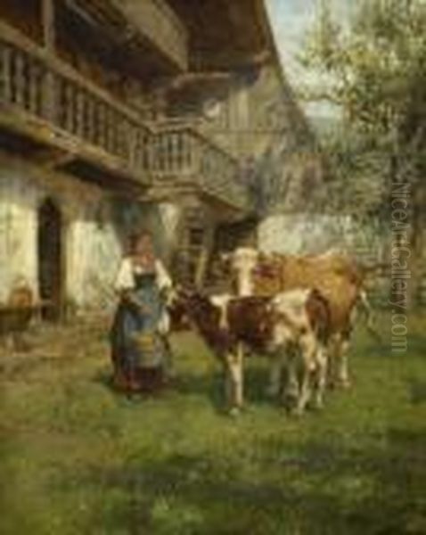 Magd Mit Kuh Und Kalb Vor Dem
 Bauernhaus. Oil Painting by Karl Stuhlmuller