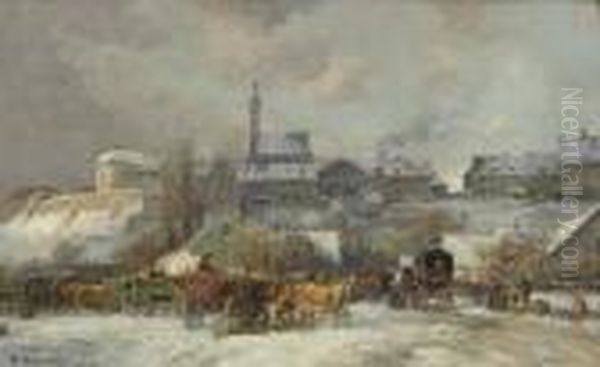 Dachauer Viehmarkt Im Winter. Oil Painting by Karl Stuhlmuller