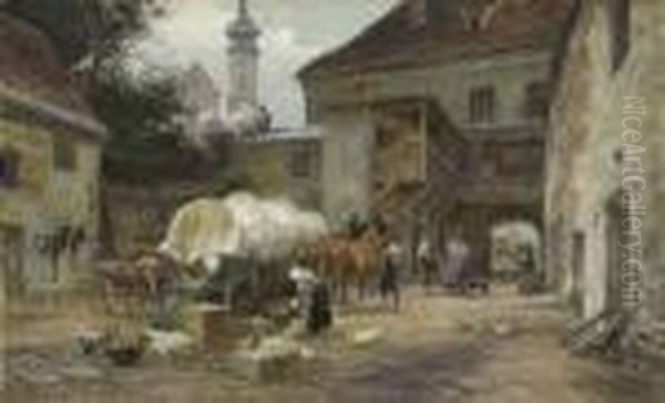 Markttag Im Dachauer Land -
 Gemusebauern Mit Ihrem Pferdewagen Oil Painting by Karl Stuhlmuller