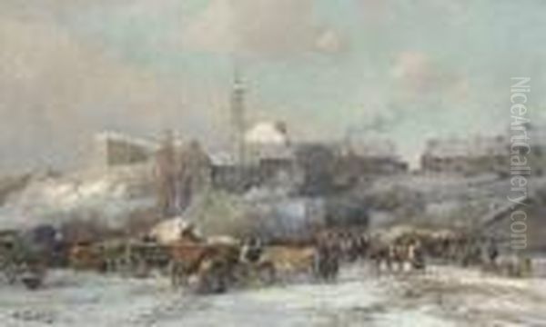 Dachauer Viehmarkt Im
 Winter. Oil Painting by Karl Stuhlmuller