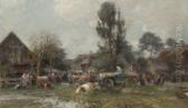 Viehmarkt Im Dachauer
 Land. Oil Painting by Karl Stuhlmuller